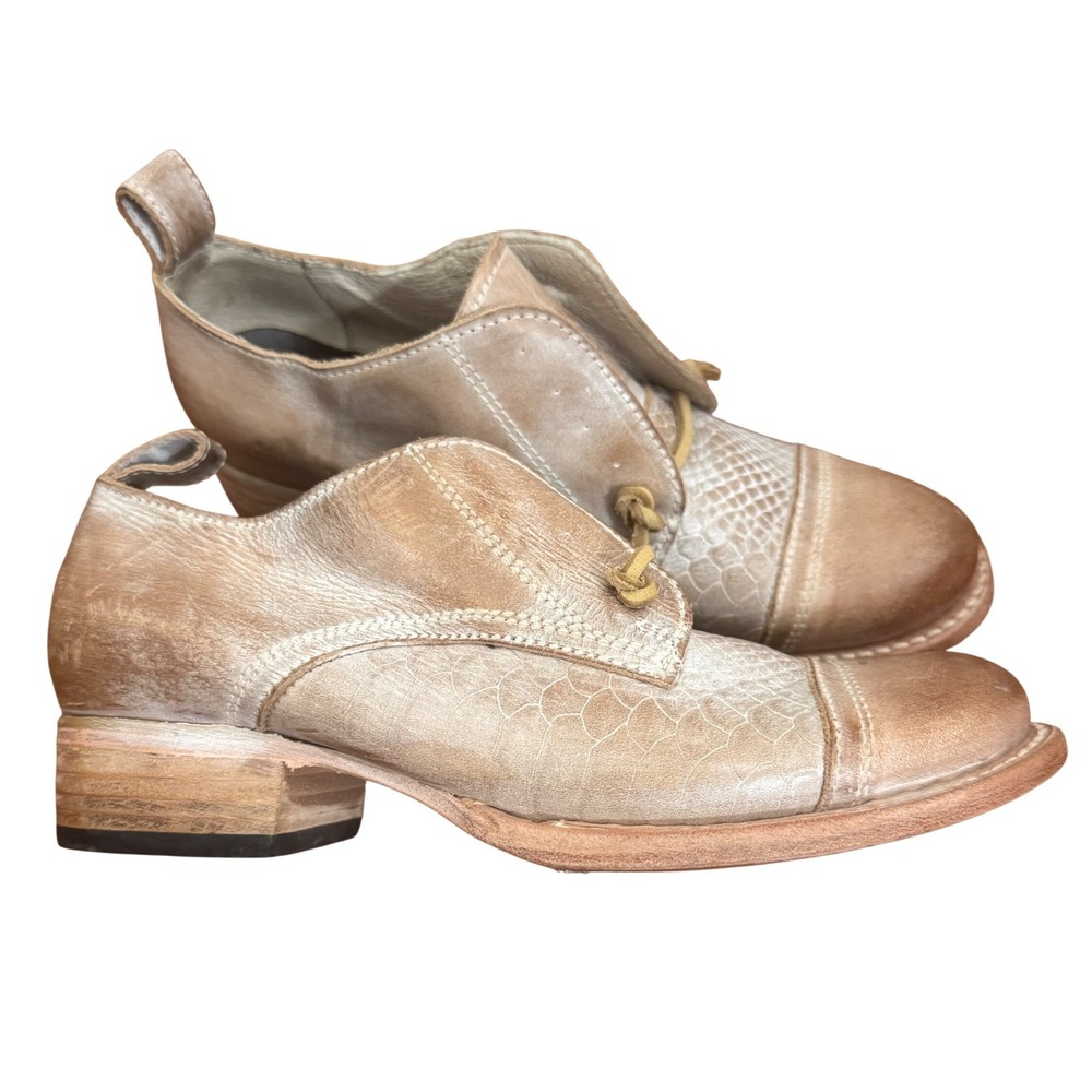 Freebird Mabel Leather Oxfords Womens 7 Distressed Snakeskin Cap Toe Tan Cream